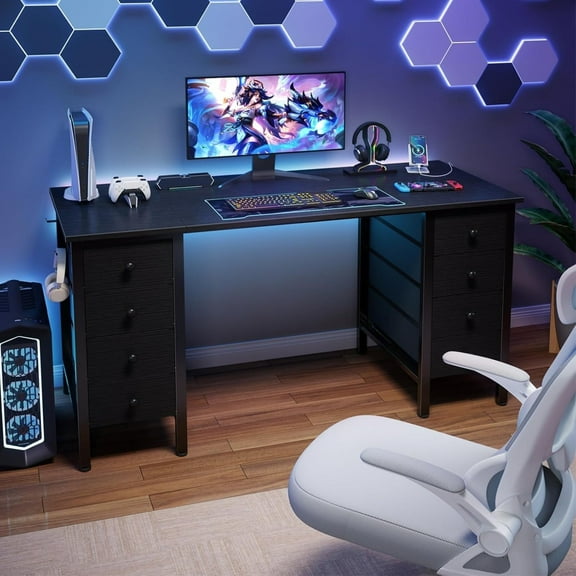 JEZWX Black Gaming Desk with Fabric Drawers on Both Sides, 55 Inch Home Office Computer Desk with 8 Storage Drawers, Study and Writing PC Desk for Bedroom