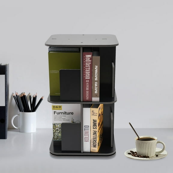 Modern Black 360° Rotating Bookshelf, 2 Tier Standing Bookcase, Small Corner Bookcase 15.4*15.4*26 in