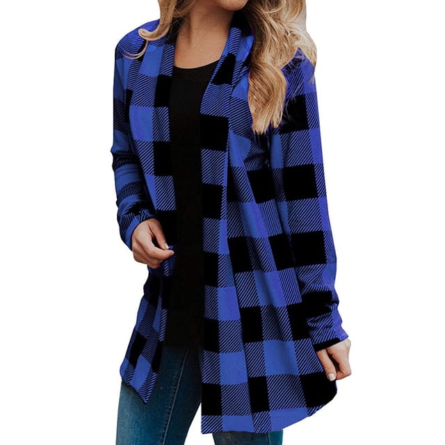 Innerwin Cardigans Ouvert Cardigan Femme Voyage Carreaux Buffalo Doux Bleu Noir TG