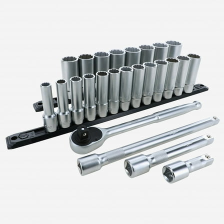 Wiha 33893 Metric Deep Socket Set, 12 Point 1/2" Drive with Ratchet & Extensions, 25 Pieces