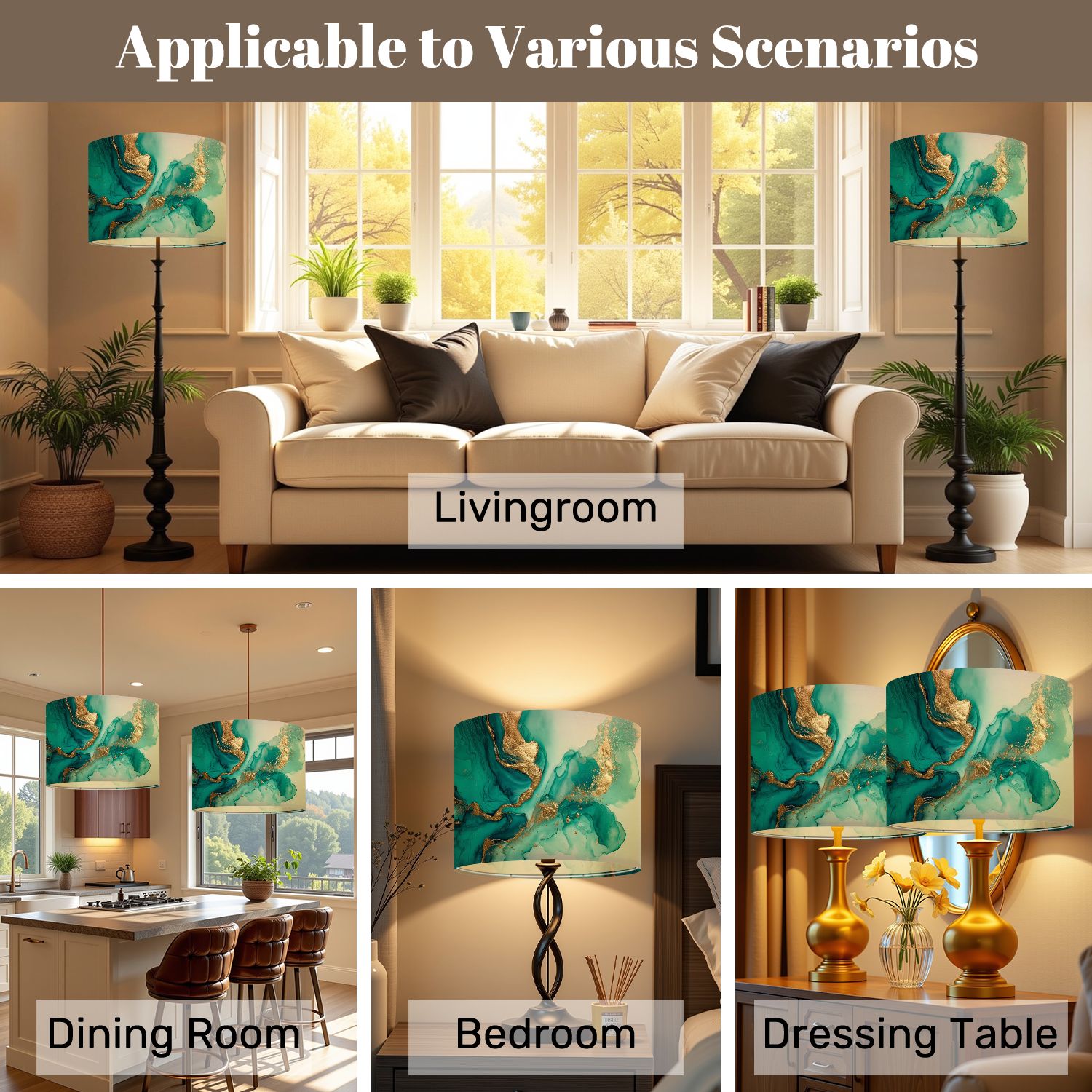 Lampshades 2 Pack Pastel cyan mint liquid marble watercolor gold lines brush stains Teal 13"x13"x10" Light Shade for Table Lamps Floor Lamps Drum Lamp Shades Lampshade Replacement Easy Assembly