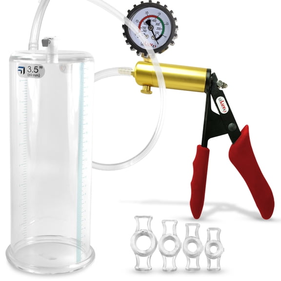 LeLuv Ultima Penis Pump, Brass w/ Red Handle, Silicone Grip, Clear Hose Protected Gauge | 4 Cock Rings | 9" x 3.50" Cylinder