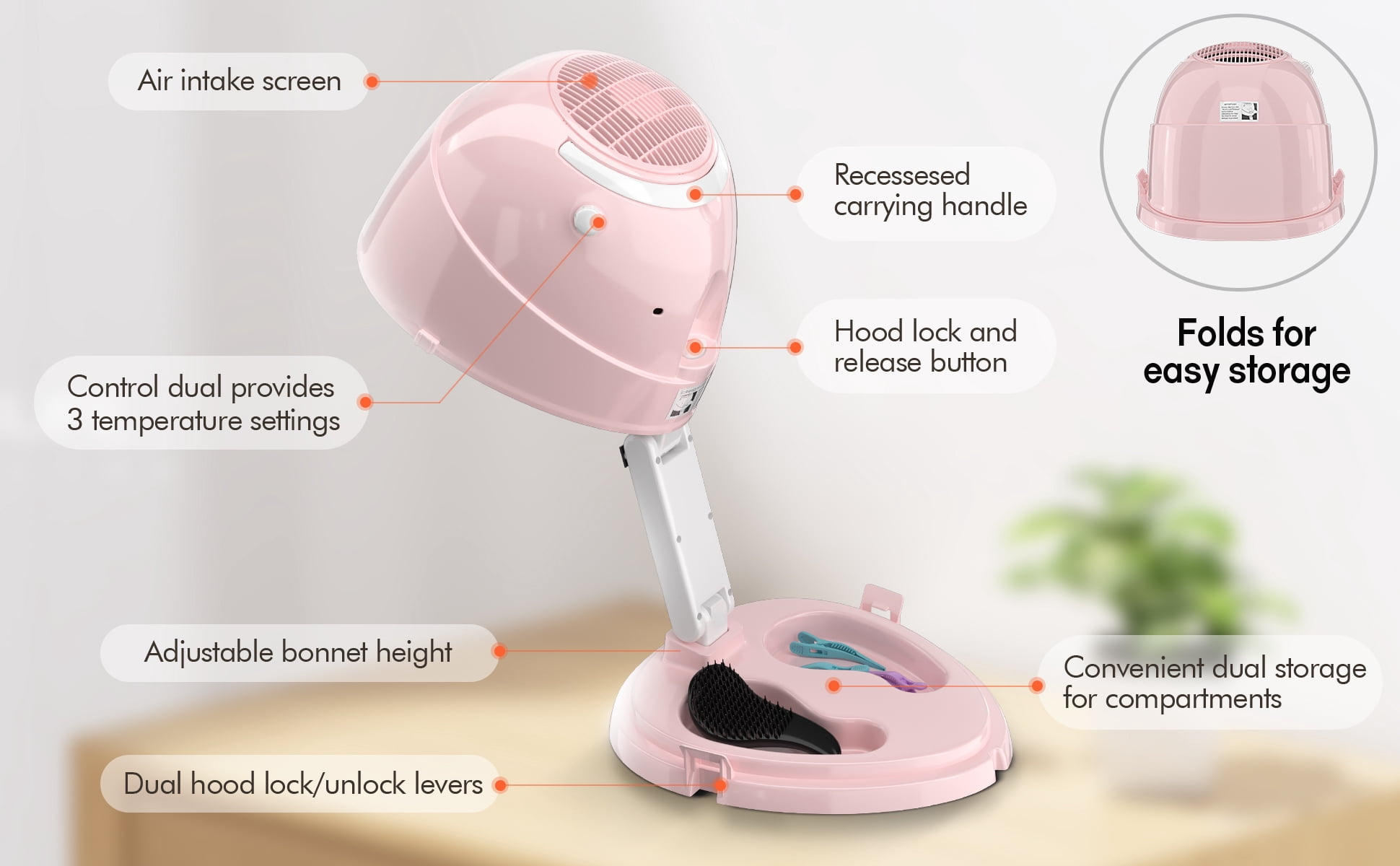 Deep Beauty Ionic Hooded Hair Dryer, 1875W Bonnet, 3 Heating Settings, Sit Under for Home and Salon, Portable & Collapsible, Height Adjustable (Pink)