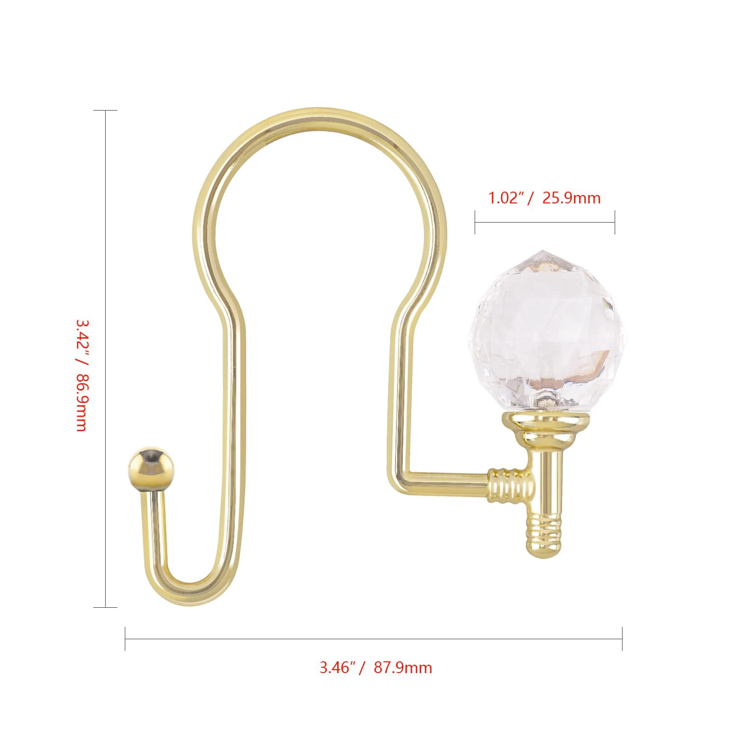 Utopia Alley  Rustproof Zinc Double Shower Curtain Hooks for Bathroom, Crystal Design, Set of 12 Gold