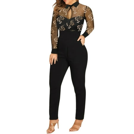 

Roy&Chaney Women s Fashion Lapel-neck Long Jumpsuit Shiny Bronzing Mesh Pockets Romper Bodysuit Long Sleeve Splice Zipper clubwear