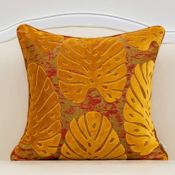 Funda de almohada Alerfa con bordado de hojas de terciopelo cortado, 45 x 45 cm, naranja