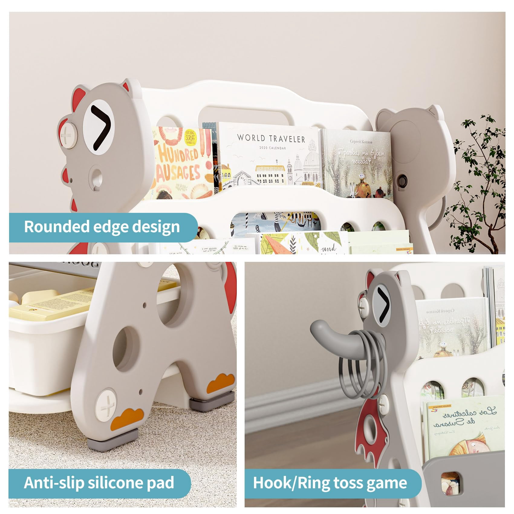 UNICOO® Kids Baby Dragon 2 Tier Bookshelf with 3 Toy Storage Bins, Children Bookshelf & Toy Organizer (Grey & White)