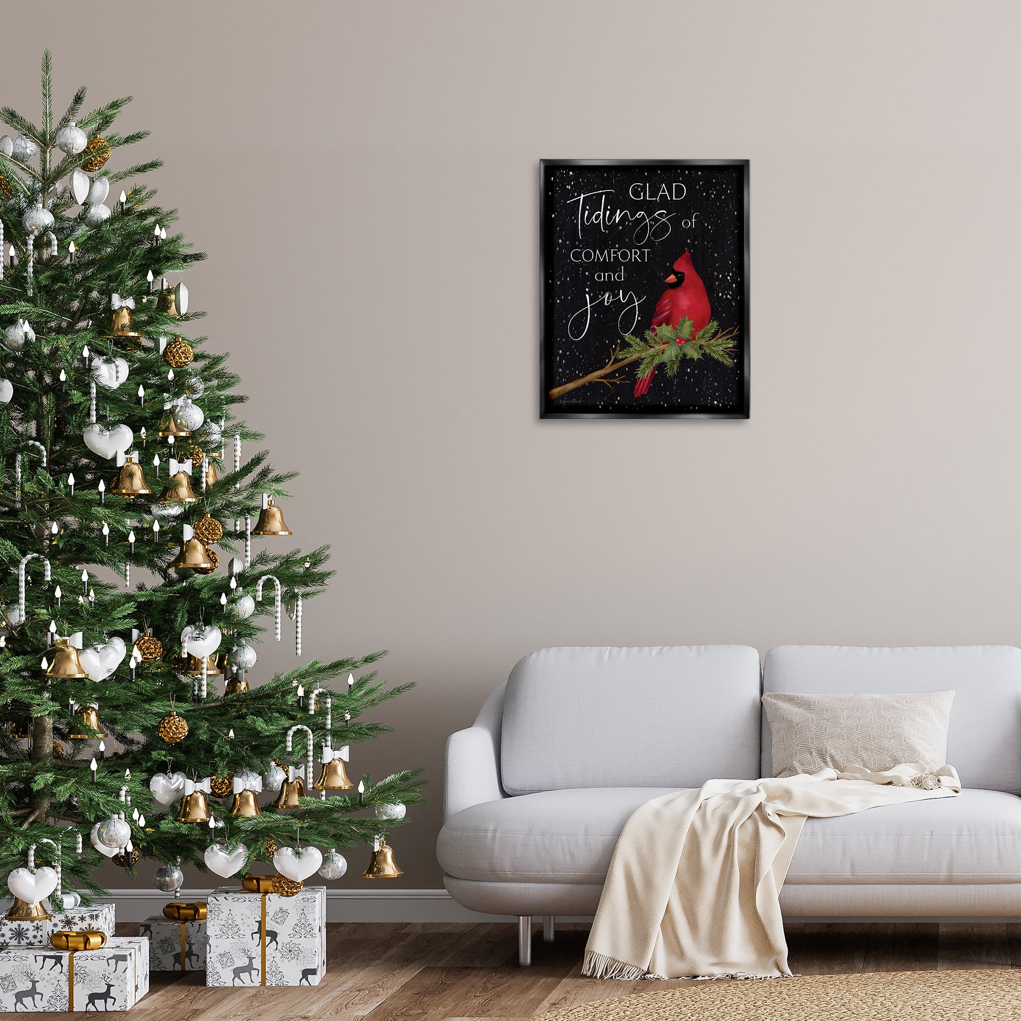 Stupell Industries Comfort & Joy Cardinal Holiday Painting Black Floater Framed Canvas Art Prints Wall Art, 25 x 31