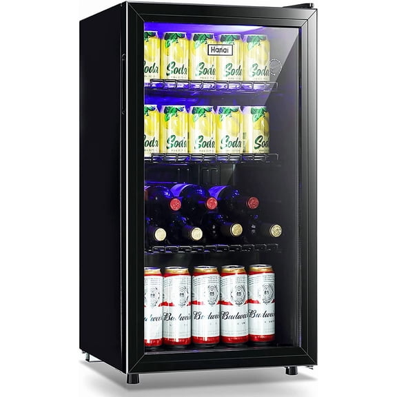 WANAI Mini Fridge Cooler 120 Can Beverage Refrigerator Glass Door for Beer Soda or Wine Glass Door Small Drink Dispenser Machine Clear Front Removable for Home, Office or Bar, 3.2cu.ft