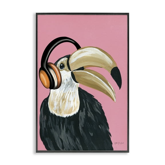 Stupell Industries Toucan & Music Headphones Animals & Insects Painting Black Framed Art Print Wall Art, 12 x 18