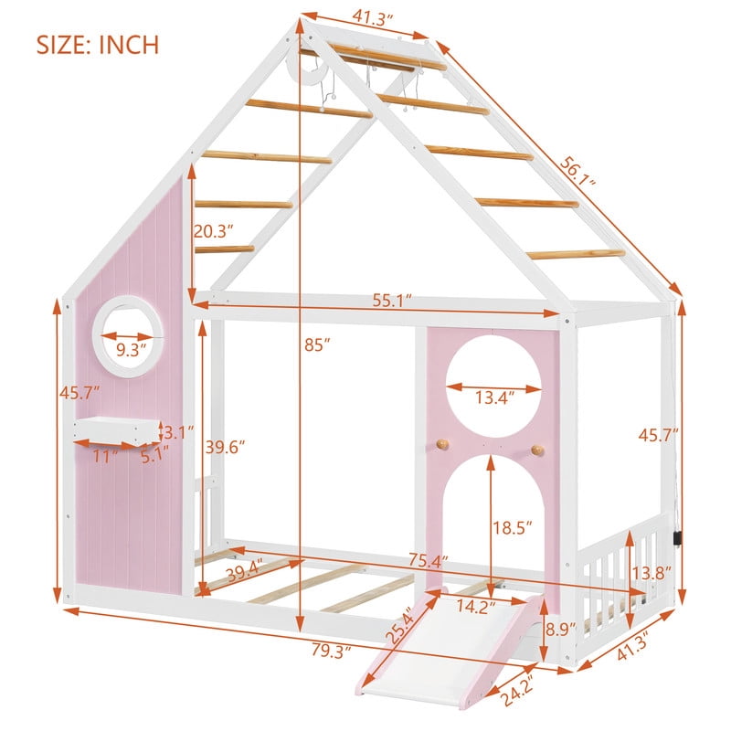 Twin Size Kids House Bed with Small Slide, Wooden Playhouse Floor Design Platform Bed Frame with Light Strip & Storage Shelf