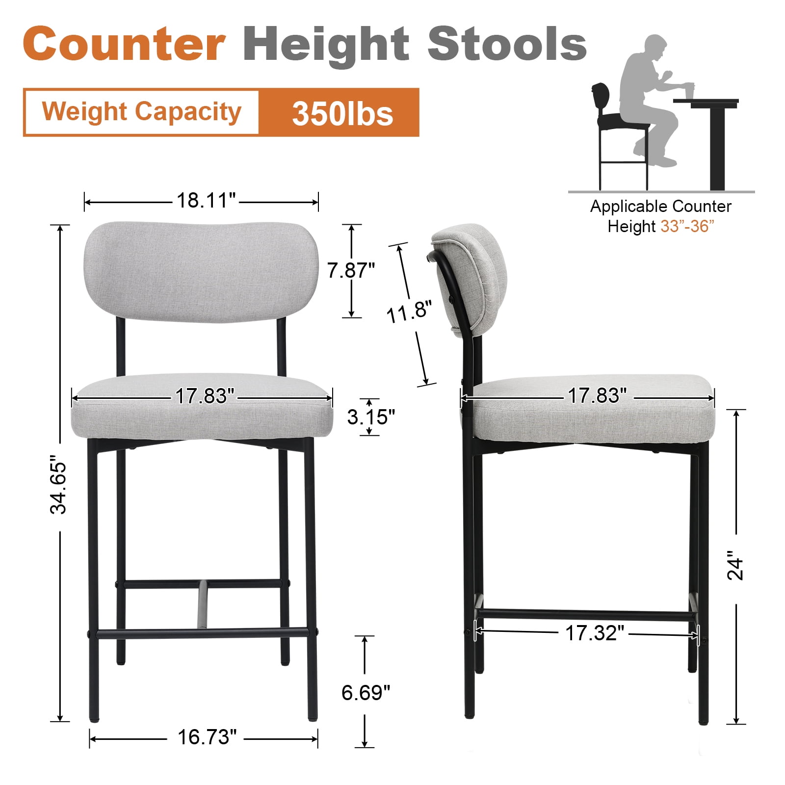 Hommpa Bar Stools Chairs Set of 3, 24" Beige Fabric Kitchen Counter Stools with Curved Back and Footrest, Fabric Counter Height Bar Chair for Kitchen Island