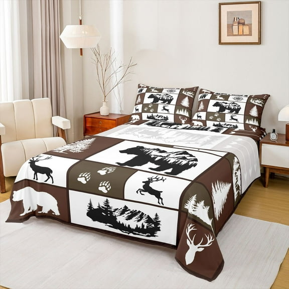 jejeloiu Safari Animal Bear Twin Sheet Sets,Bear Elk Silhouette Twin Fitted Sheet,Nature Mountain Landscape Flat Sheet For Boys Kids,Microfiber Bedroom Decor,3 Pieces