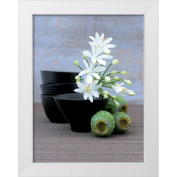Beyler, Catherine 12x14 White Modern Wood Framed Museum Art Print Titled - Composition Zen - Coupes, fleurs dAgapanthe et Pavots