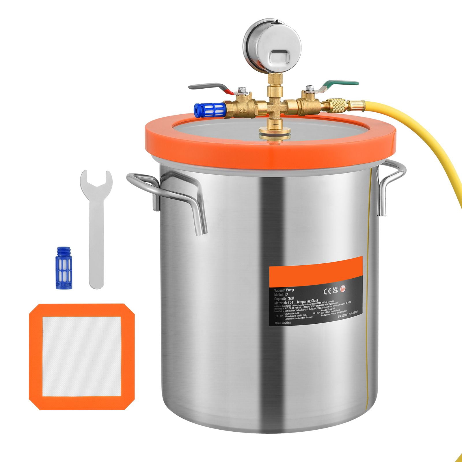 3 Gallon Vacuum Chamber with Glass Lid, 304 Stainless Steel for Resin & Silicone Degassing