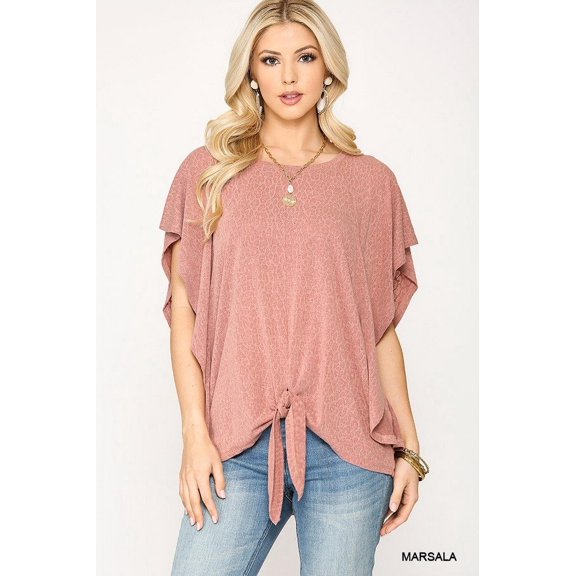 Leopard Jacquard Knit Jersey Top With Front Tie, Ruffled Sleeve S