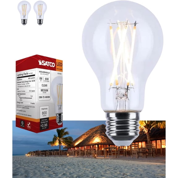 Satco S12150 8W LED A19 Bulb, Warm Dimming 3000K-2000K, 800 Lumens, 90 CRI, 60W Replacement, Clear Glass, E26 Medium Base, Enclosed Fixture Rated, Dimmable, 120 Volt (2 Pack)