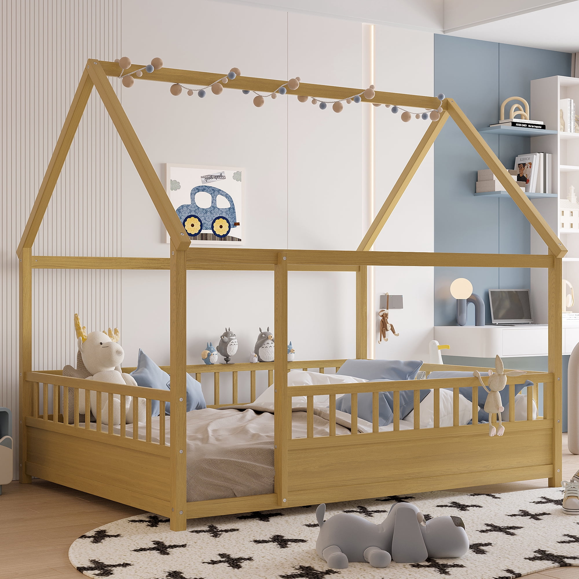 Floor Wooden Bed with House Roof Frame, Full Size Fence Guardrail Bed for Kids, Natural Pine Wood Children's Bedroom Furniture, 20-Inch High Fence with Roof Structure