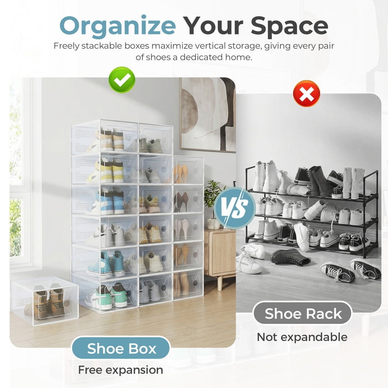Gianna 15 Pack Stackable Shoe Box , Plastic Storage Organizer for Closet Hallway Bedroom, Holds Shoes up to US Size 9，White