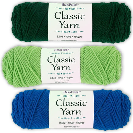 Soft Acrylic Yarn 3-Pack, 3.5oz / ball, Green Forest + Green Lime + Blue Skipper. Great value for knitting, crochet, needlework, arts & crafts projects, gift set for beginners and pros