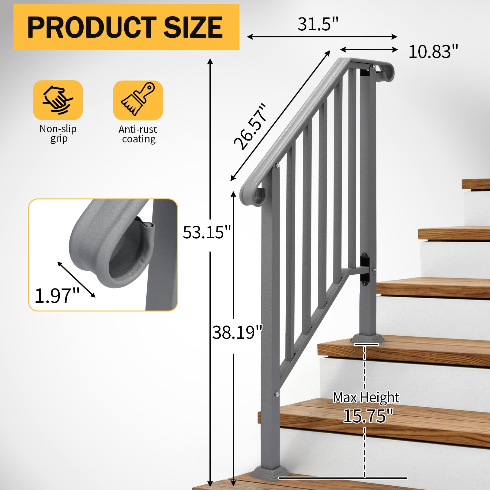Silver Powder Coated Galvanized Iron Curved Stair Handrail Fit 2 Steps Outdoor Garden Picket Step Safety Railing With Full Installation Hardware