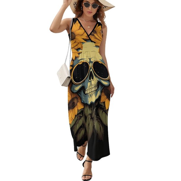 Flower Cluster Skull Vestido Sin Mangas Para Mujer, Traje De, Ropa De Cumpleaños, Verano