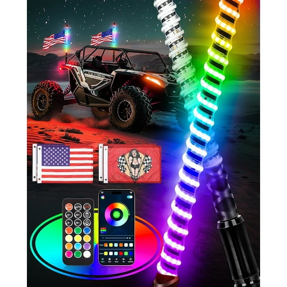 2PCS 2ft LED Whip Lights with Turn/Brake/Reverse Light APP & Remote Control COB Spiral Flag Pole RGB Chase Light Antenna LED Lighted Whip for SXS, UTV, ATV, RZR, Can Am, Dune Buggy, Truck