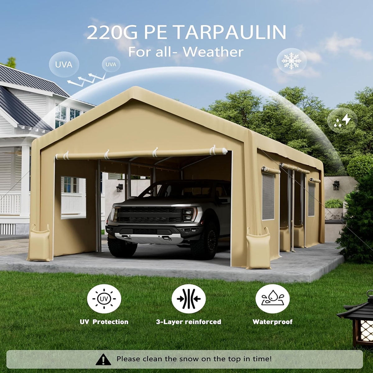 Danolapsi 10'x20' Replacement Canopy Cover Top Heavy-Duty Carport Cover，160G PE Waterproof & UV-Resistant Replacement Canopy Top Only Easy Installation(Frame Not Included)