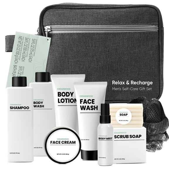 Body & Earth Spa Gift Baskets for Men, Cedar Scented Bath Set for Dad, Birthday Father's Day Gifts for Him with Travel Toiletry Bag