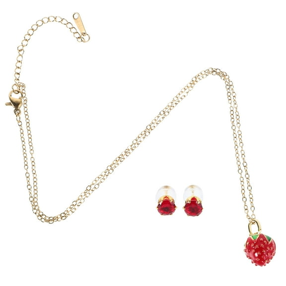 Worgeous 1 Set Strawberry Necklace Earrings Set For Women Stainless Steel Clavicle Chain Cute Strawberry Pendant Dangling Earrings