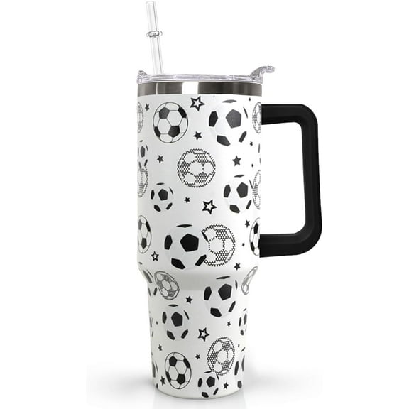 40 oz Soccer Coffee Mug Cup Vacuum Insulated Travel Tumbler with Handle Lid and Straw,Soccer Coach Gifts,Football Accessories Stuff