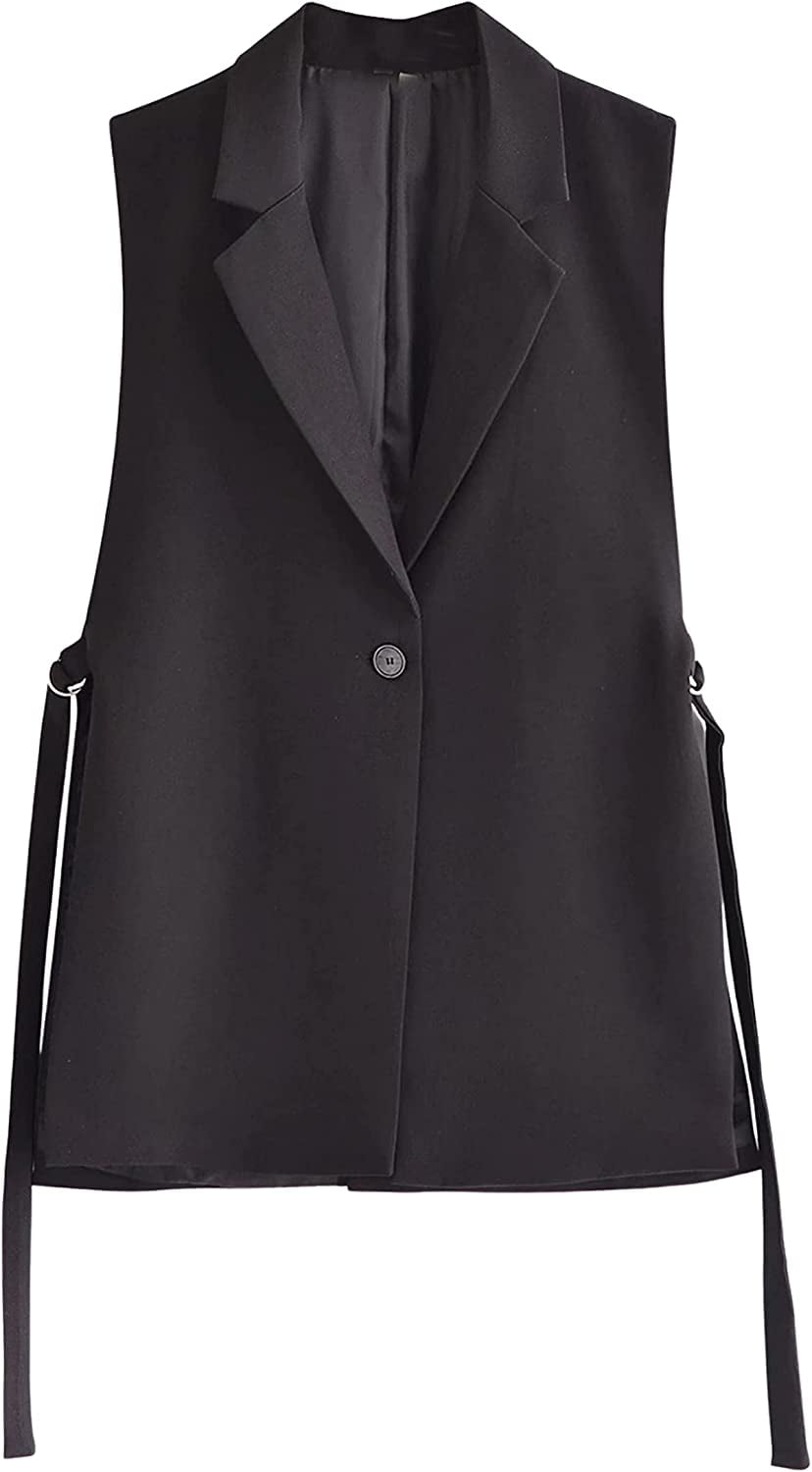 DanceeMangoos Women's Lapel Mid Long Sleeveless Blazer Vest with Belt