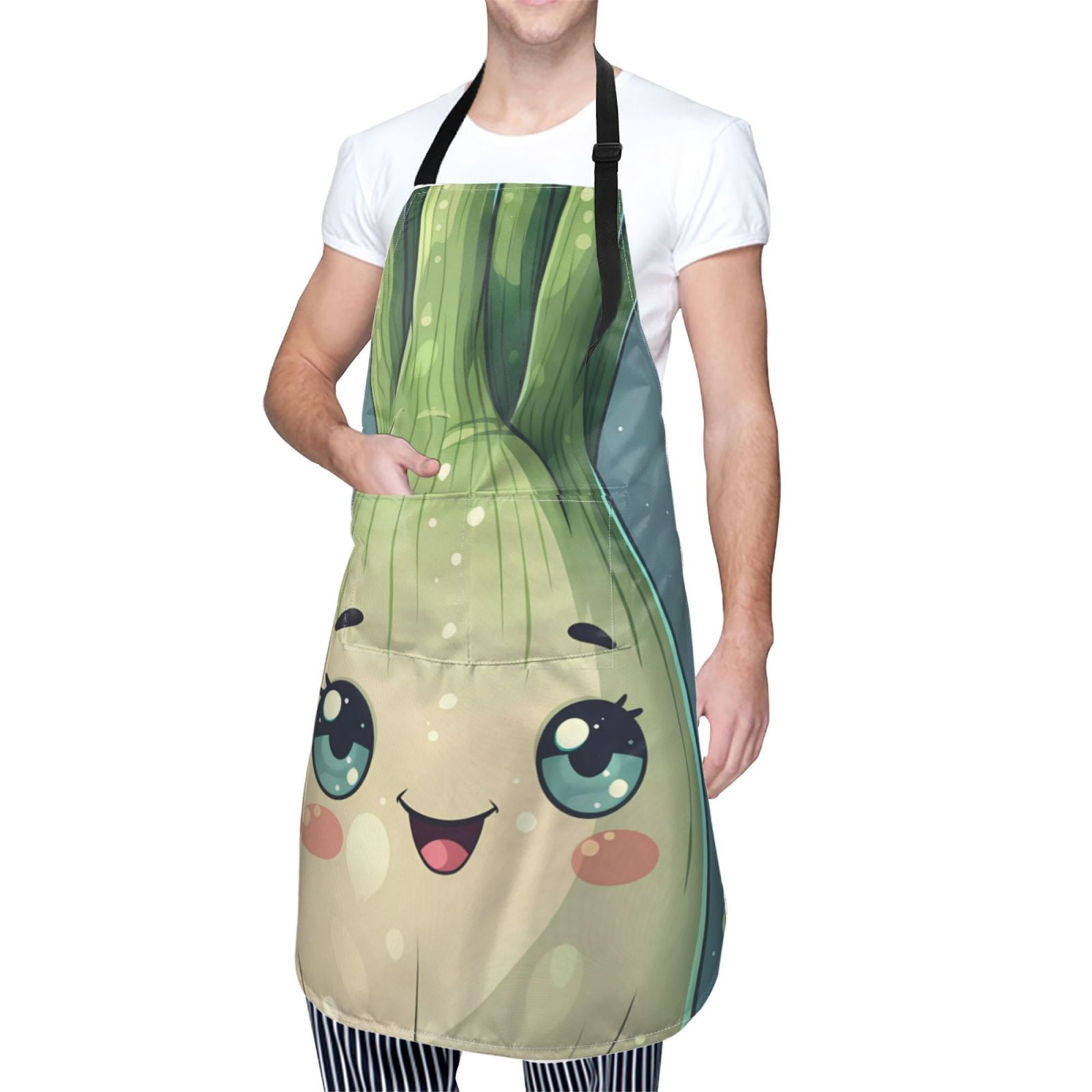 Xecao Adorable Kawaii Fennel Character Print Kitchen Cooking Aprons, Waterproof Adjustable Bib Aprons with 2 Pockets for Women Men Chef