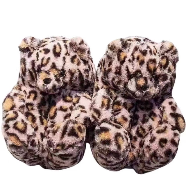 Oso de peluche con estampado de leopardo oscuro, pantuflas de peluche, zapatos cálidos de invierno de 24 cm