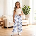 thumbnail image 4 of COEQINE Girls' Casual Pants Elastic Waist Ruffled Long Pants Wide Leg Trousers Printed Pants Baggy Trendy Streetwear for Tween 9-10 Y, Blue Gray Rose Leaf, 4 of 8