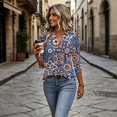 thumbnail image 6 of Boho Print Blouse for Women, V-Neck 3/4 Sleeve Tunic Top with Button Detail - Loose Fit Bohemian Casual Shirt for Fall & Winter Blue L, 6 of 7