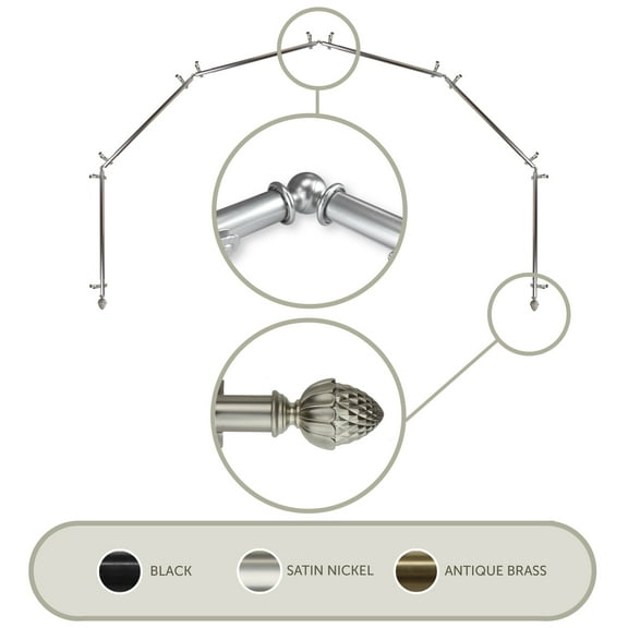Cupule 13/16 inch 6-Sided Bay Window Curtain Rod 28-48" - Satin Nickel