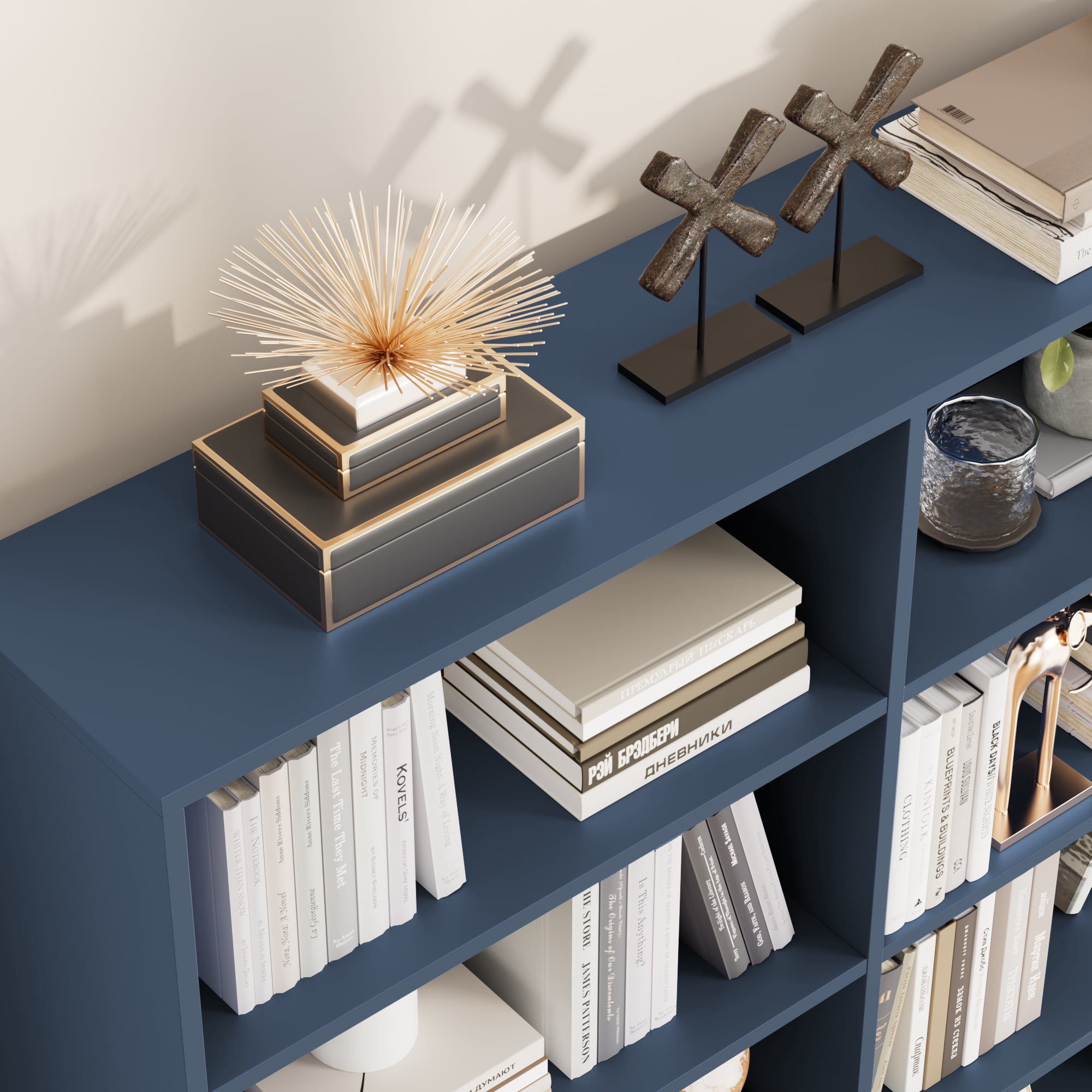 Homfa 74.3” Double Wide 6-Tier Bookcase, Extra Large Wooden Freestanding Display Bookshelf for Home Office Living Room, Blue