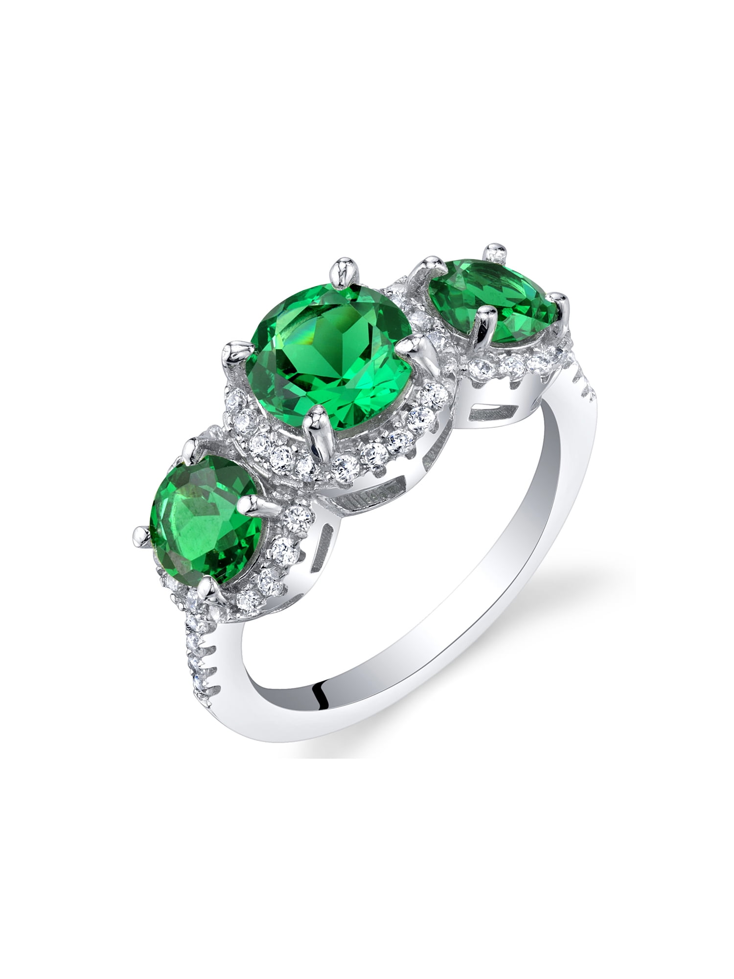 Simulated Emerald Sterling Silver 3 Stone Halo Ring Sizes 5 to 9 ...