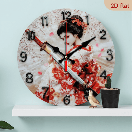 2D Flat 1pc 10Inch Vintage Japanese Kimono Wooden Wall Clock - Silent Round Analog Clock with Cherry Blossom Samurai Sword Design, Farmhouse Decor for Kitchen, Bedroom, Office - Battery Not Included