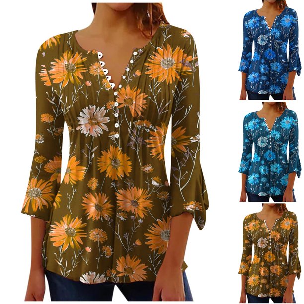 Fiudx Ofertas Flash Artículos En Oferta Camiseta Estampada a La Moda para Mujer, Blusa con Mangas 3/4, Camisetas Informales con Cuello En V