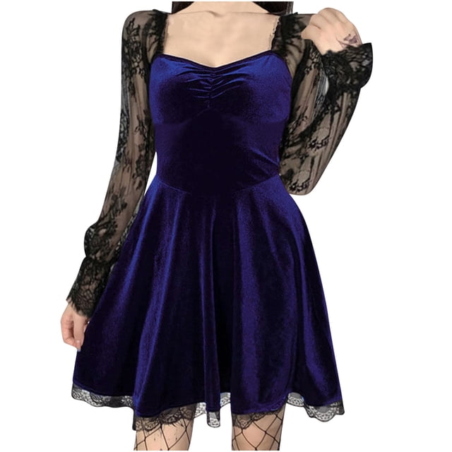 Vestido gótico de mujer de manga larga ahuecado de encaje adelgazante de gamuza de cintura alta vestido Punk de retazos vestido de noche Pompotops hdfakjf9744