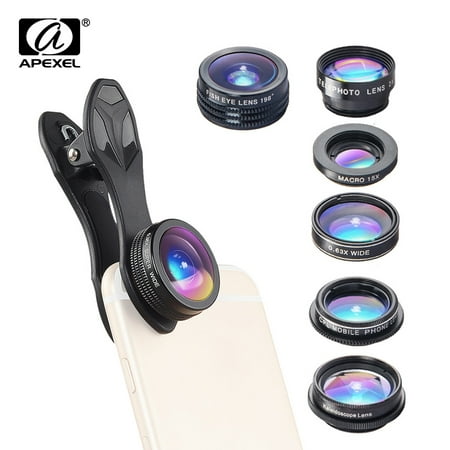 APEXEL APL-DG7 7 in 1 Cellphone Lens Kit 198° Fisheye Lens 0.36X Wide Angle Macro Lens CPL Kaleidoscope 2X Telescope Lens for iPhone Samsung Huawei Xiaomi Phone