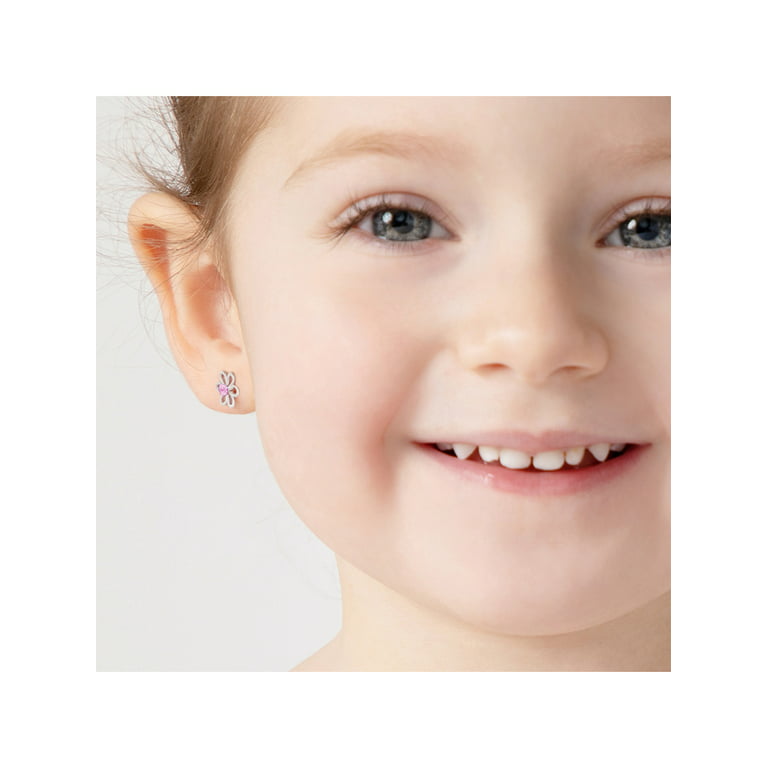 925 Sterling Silver Clear CZ Flower Screw Back Earrings For Little Girls