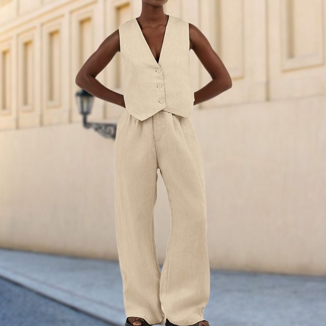 Chaleco De Traje Y Pantalones Largos Chaleco y pantalones sólidos de High Street Sin mangas Unisex con cuello en V Chalecos casuales Traje Cgtredaw Caqui S para Mujer