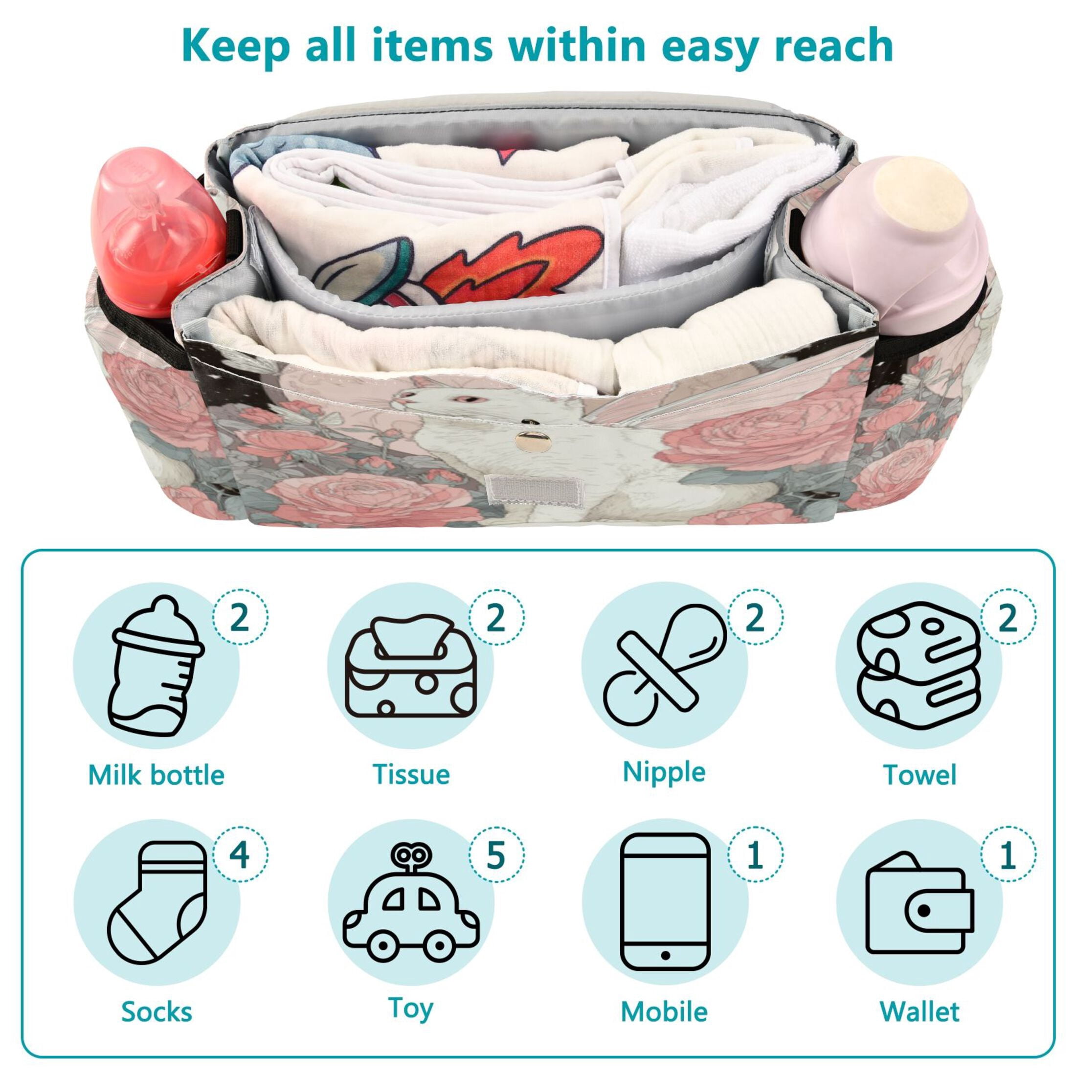 DIXRUYEE Stroller Organizer Angelic Cat Among Roses Printed