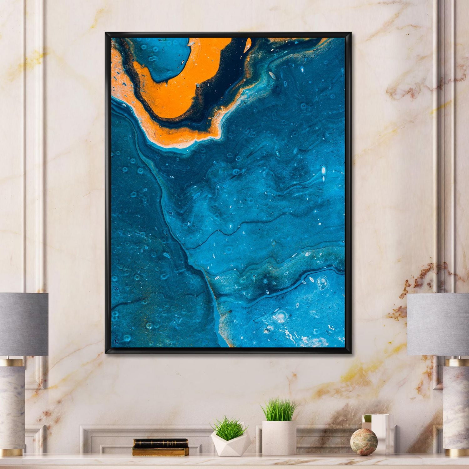 Designart Abstract Marble Composition In Blue and Orange III FLOAT FRAME WALL ART