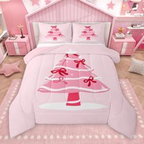 Manfei Girly Pink Xmas Tree Full Size Comforter Sets, Red Bowknot Bedding Comforter Set, Winter Christmas Cartoon Theme Reversible Bedding Sets, Lightweight Room Decor, 3-Piece