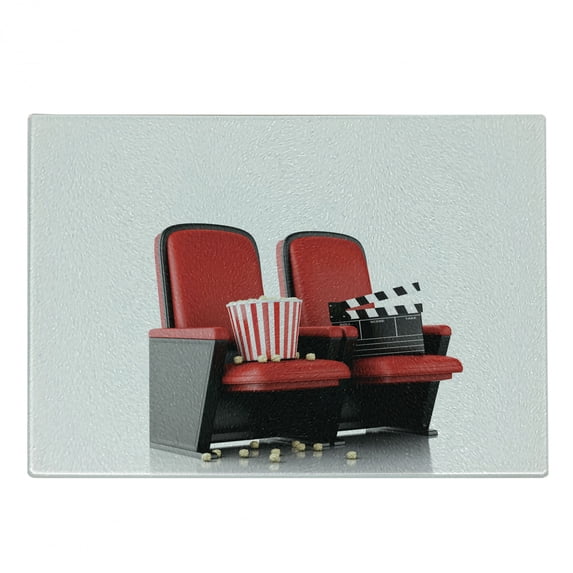 Movie Theater Cutting Board, 3D Illustration Cinema Concept Clapper Board and Popcorn on Theater Seat, Decorative Tempered Glass Cutting and Serving Board, Small Size, Red Black White, by Ambesonne