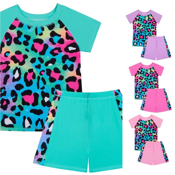 XAOFW Girls Swimsuit 2 Piece Swimwear Sets Short Sleeve Leopard Print Rash Guard With Shorts Casual Summer Girls Bathing Suit For Kids Comfortable Beachwear 4-5 Years